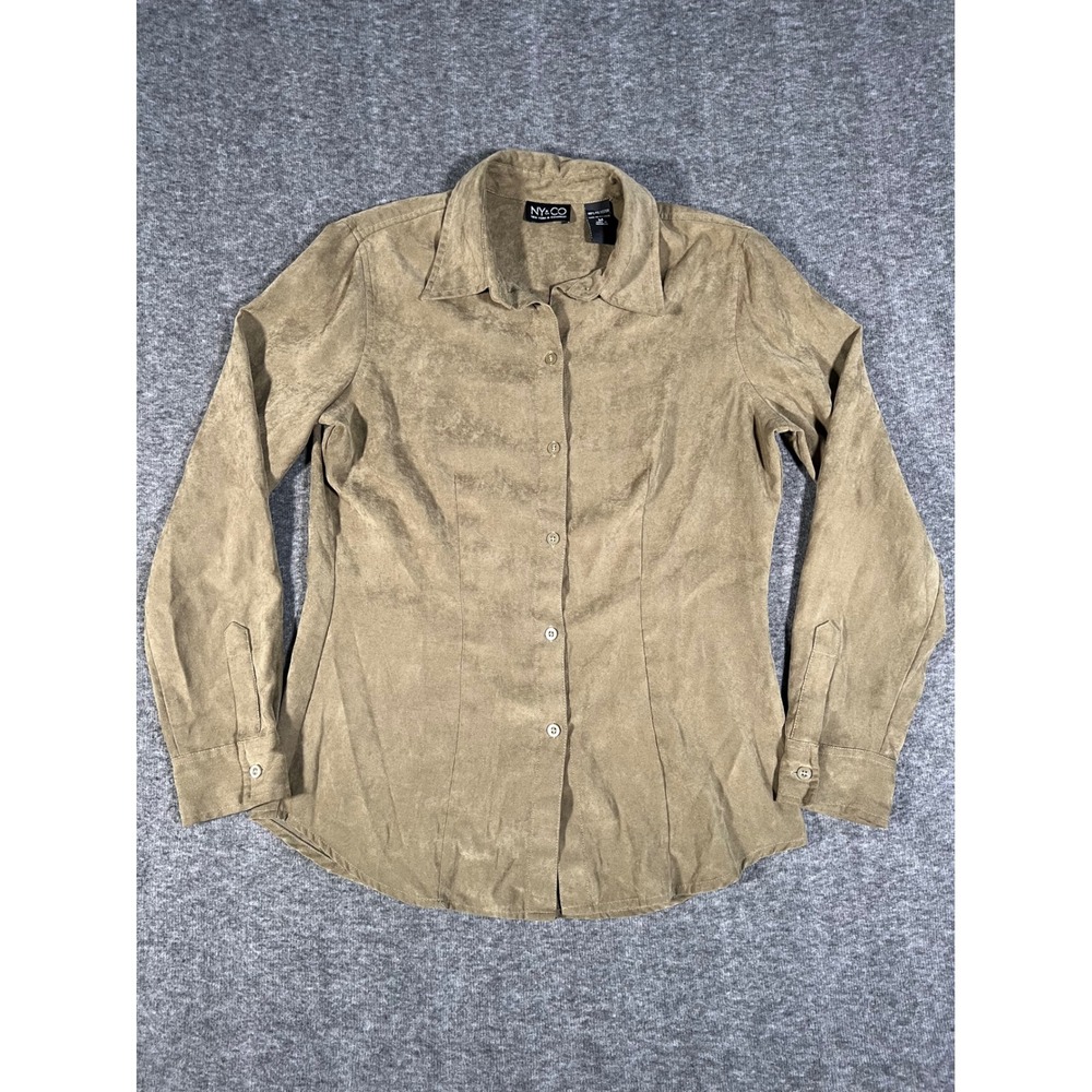 NY&CO Faux Suede Button Up Shirt Mens Medium Tan Long Sleeve Collared Top